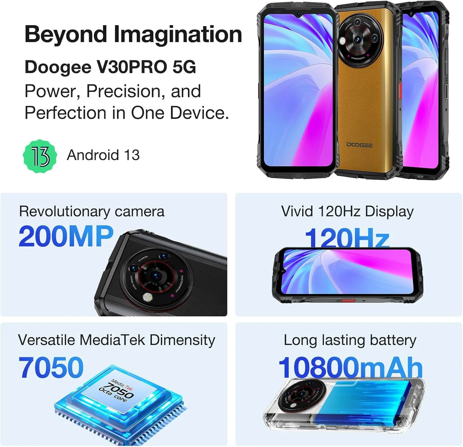 DOOGEE V30 PRO 5G Rugged Smartphone 2024, 32GB 512GB/2TB Dimensity 7050 Octa Core Waterproof Phones, 10800mAh, 200MP Main Camera Dual Sim Cell Phone/WiFi6/OTG/NFC - Khaki