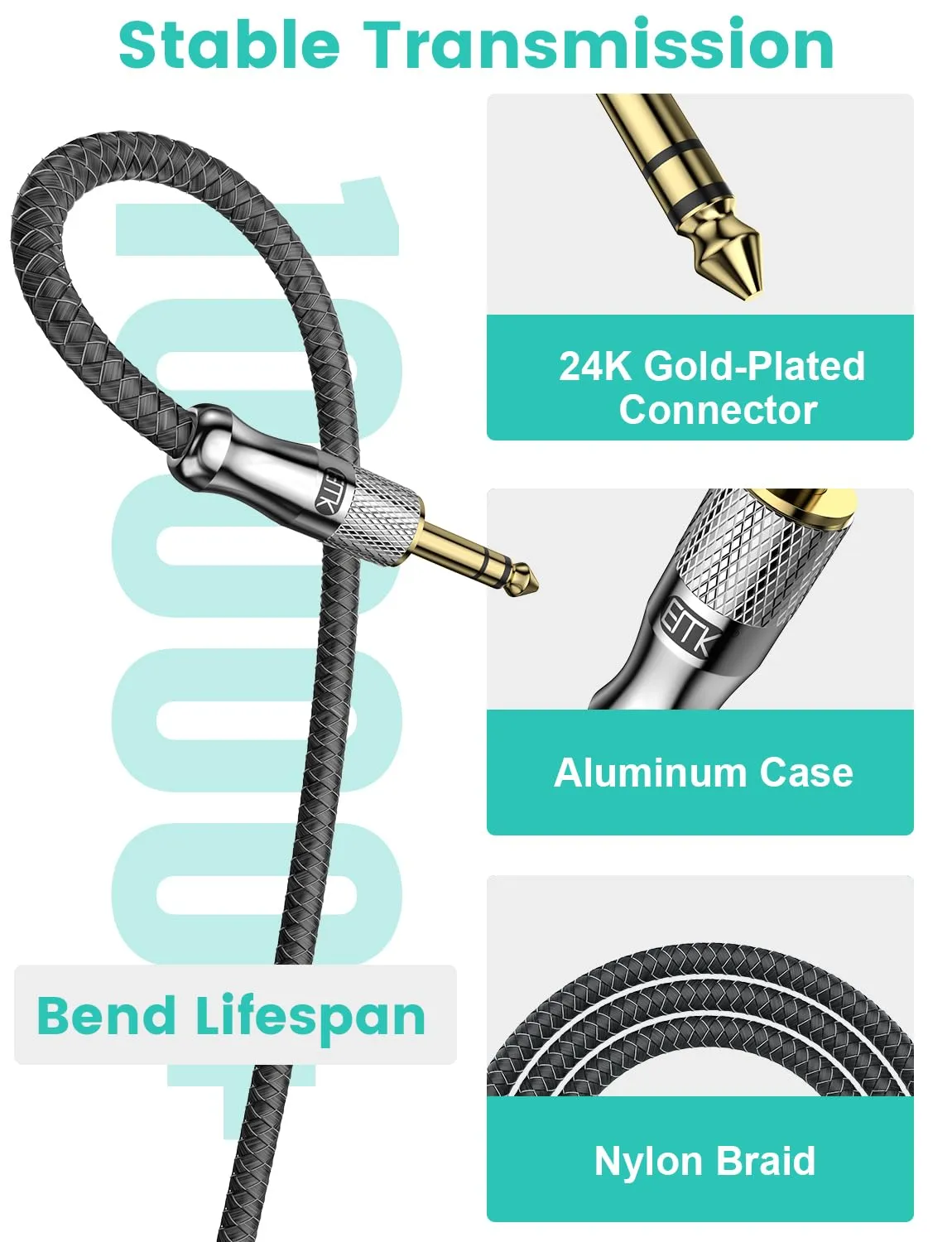 EMK Premium 1/4" (6.35mm) Male to Female Stereo Extension Cable (8Ft/2.4M) - Gold-Plated Quarter Inch Headphone/Guitar/Audio Extension Cord for Studio Equipment, Amplifiers & Instruments