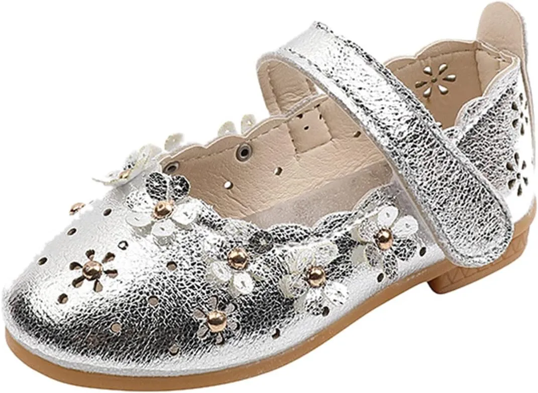 EnJoCho Girls Sandal Shoes Flower Shoes Hollow Flower Shoes Sandals Soft Sole Princess Sandals Baby Shoes 1-11 Years (Silver, 9 Years)