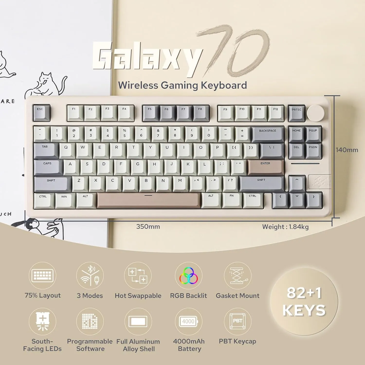 EPOMAKER Galaxy70 Wireless Gaming Keyboard, 75% Aluminium Mechanical Keyboard, Bluetooth 5.0/2.4GHz/USB-C Wired, Programmable, Hot Swappable, for PC/Mac/Office/Gaming (White, Petal Switch)