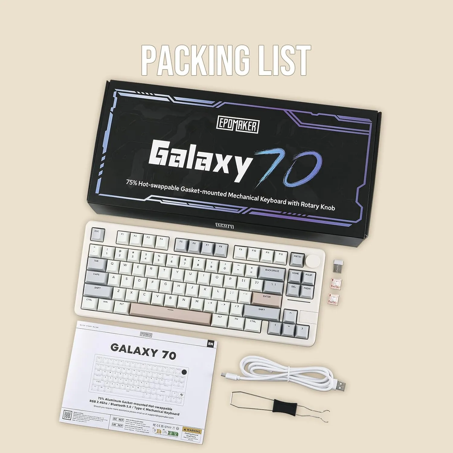 EPOMAKER Galaxy70 Wireless Gaming Keyboard, 75% Aluminium Mechanical Keyboard, Bluetooth 5.0/2.4GHz/USB-C Wired, Programmable, Hot Swappable, for PC/Mac/Office/Gaming (White, Petal Switch)
