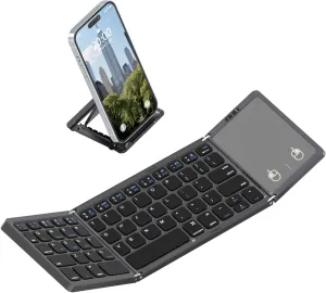 Foldable Bluetooth 5.1 Keyboard,Wireless Portable Ultra Slim Folding Keyboard with Full-Size Touchpad,Silent Design and USB-C Rechargeable,Pocket-Sized for iOS,Android, Windows Devices (Space Gray)
