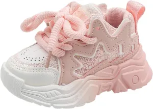 Girls Pink Sneakers Baby Kids Tennis Walking Shoes Toddler Fashion Platform Lightweight Lace Up Casual Walking Shoes