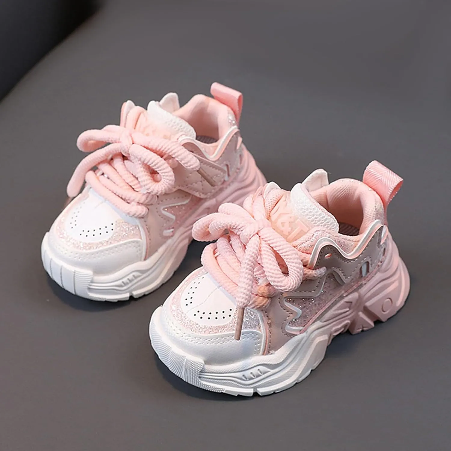 Girls Pink Sneakers Baby Kids Tennis Walking Shoes Toddler Fashion Platform Lightweight Lace Up Casual Walking Shoes