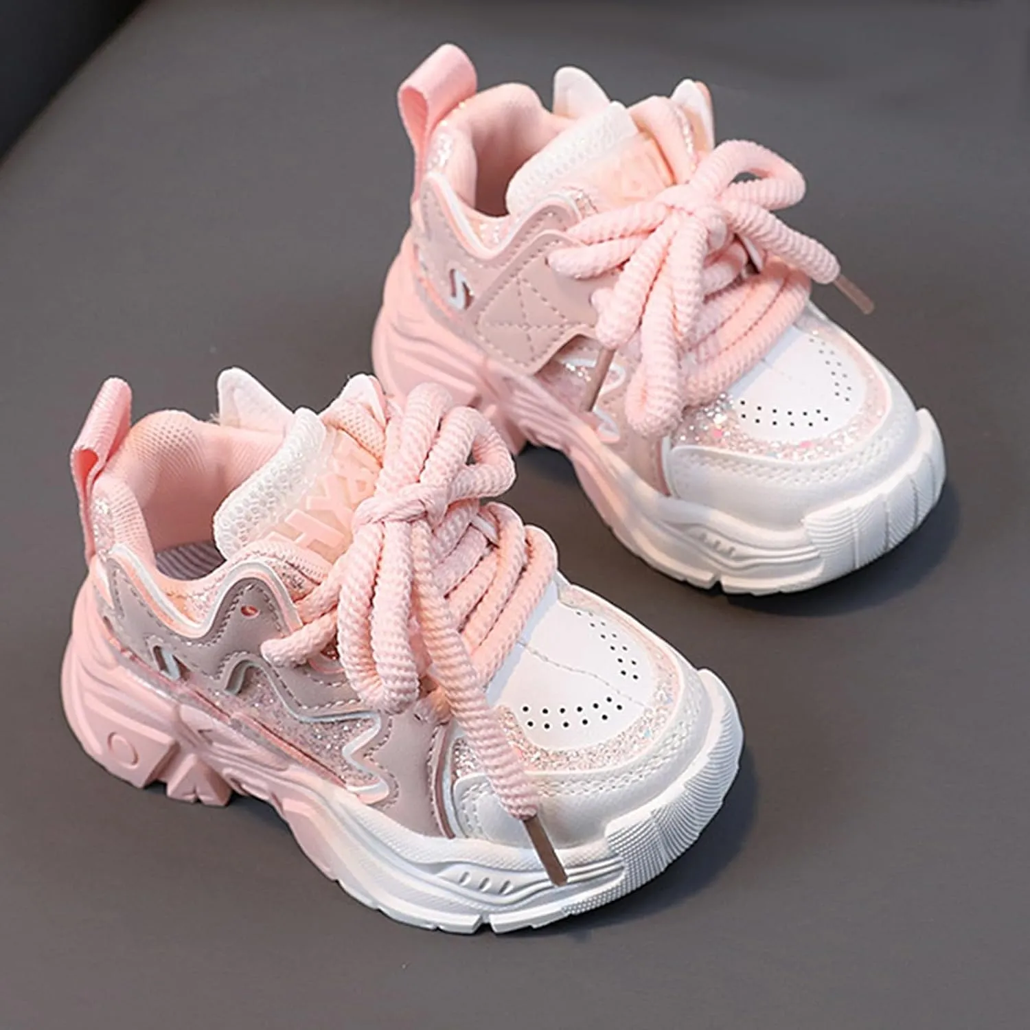 Girls Pink Sneakers Baby Kids Tennis Walking Shoes Toddler Fashion Platform Lightweight Lace Up Casual Walking Shoes