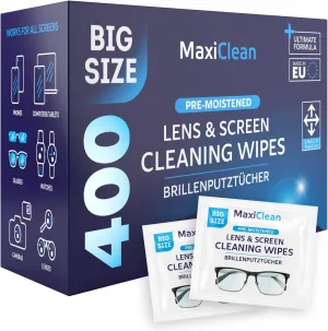 Glasses Wipes Lens Cleaner - Lens Wipes for Eyeglasses - 400 Pre-moistened Individually Wrapped Wipes for Eye Glasses, Electronics, Phone, Computer, Laptop Screen - Camera Lens Cleaner - Made in EU