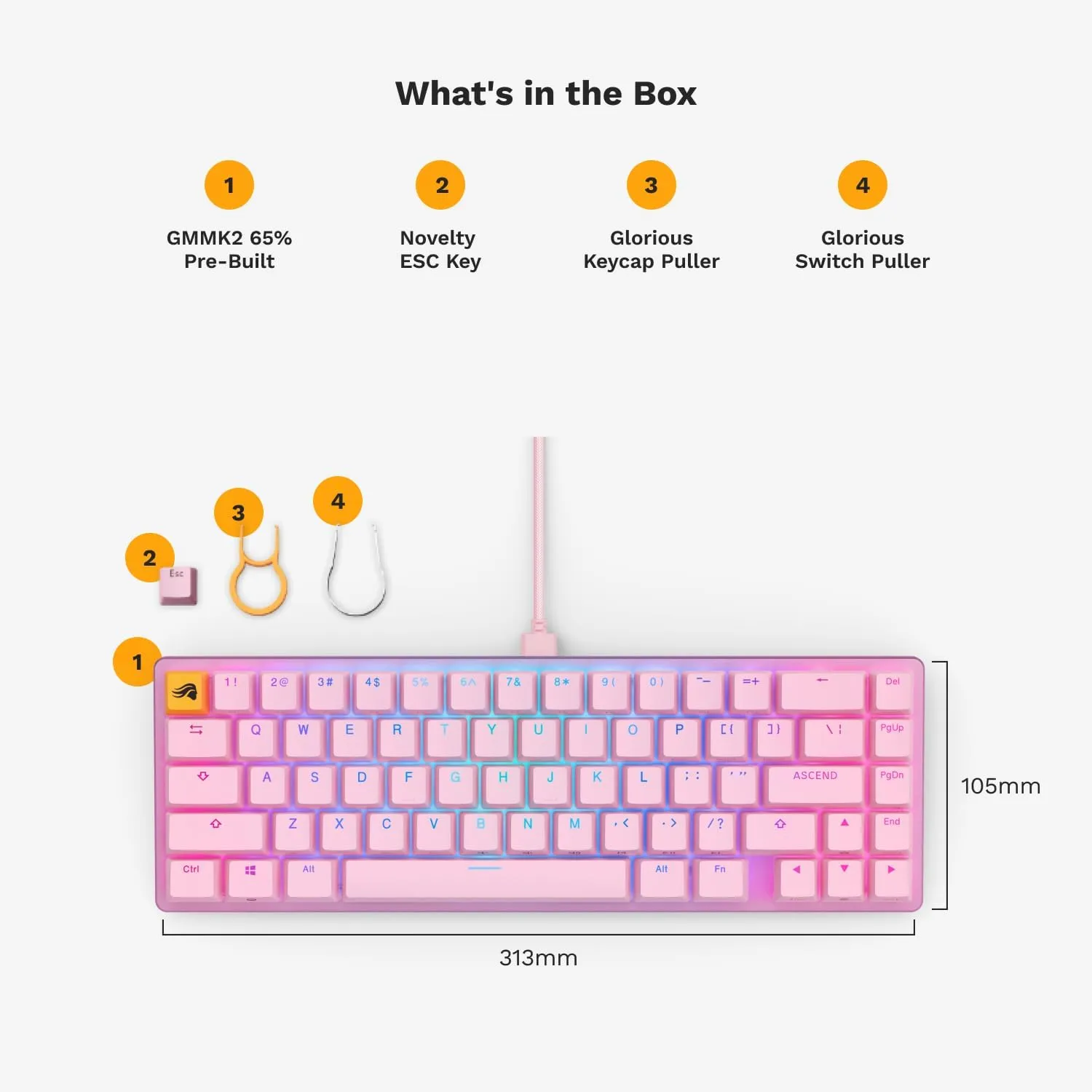 Glorious Gaming GMMK 2- Pink Gaming Keyboard - TKL Mechanical - Custom 65% - Compact Low-Profile - Hotswap w/Cherry Mx Style - Double Shot Keycaps & Linear Switches - PC Gaming Setup Accessories