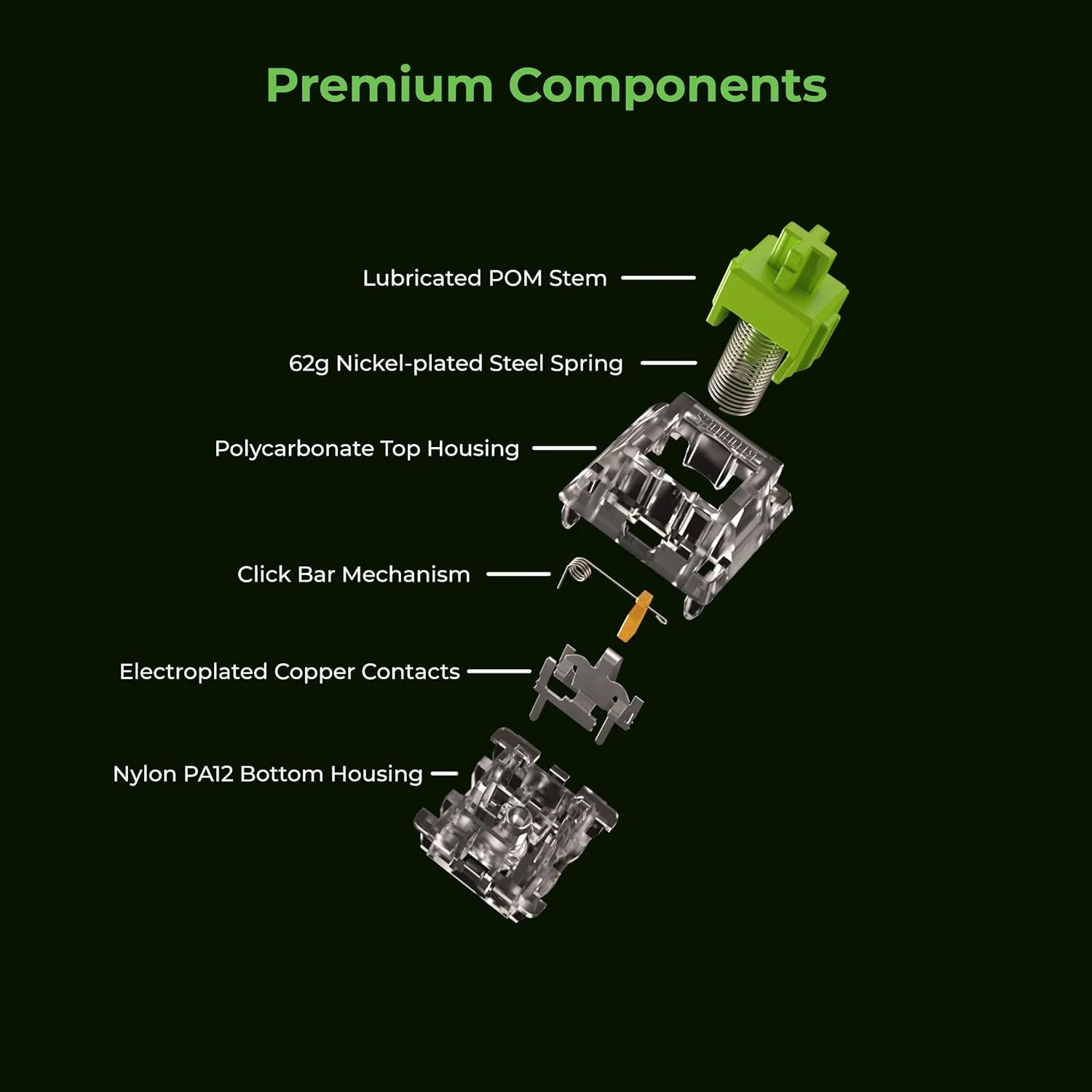 Glorious Raptor Clicky Switches for Mechanical Keyboards for Gaming: 36 PCS, 5-pin, Transparent for MAX RGB, Pre-Lubed, Compatible with MX Keycaps, Premium Click Bar for Thocky Sound