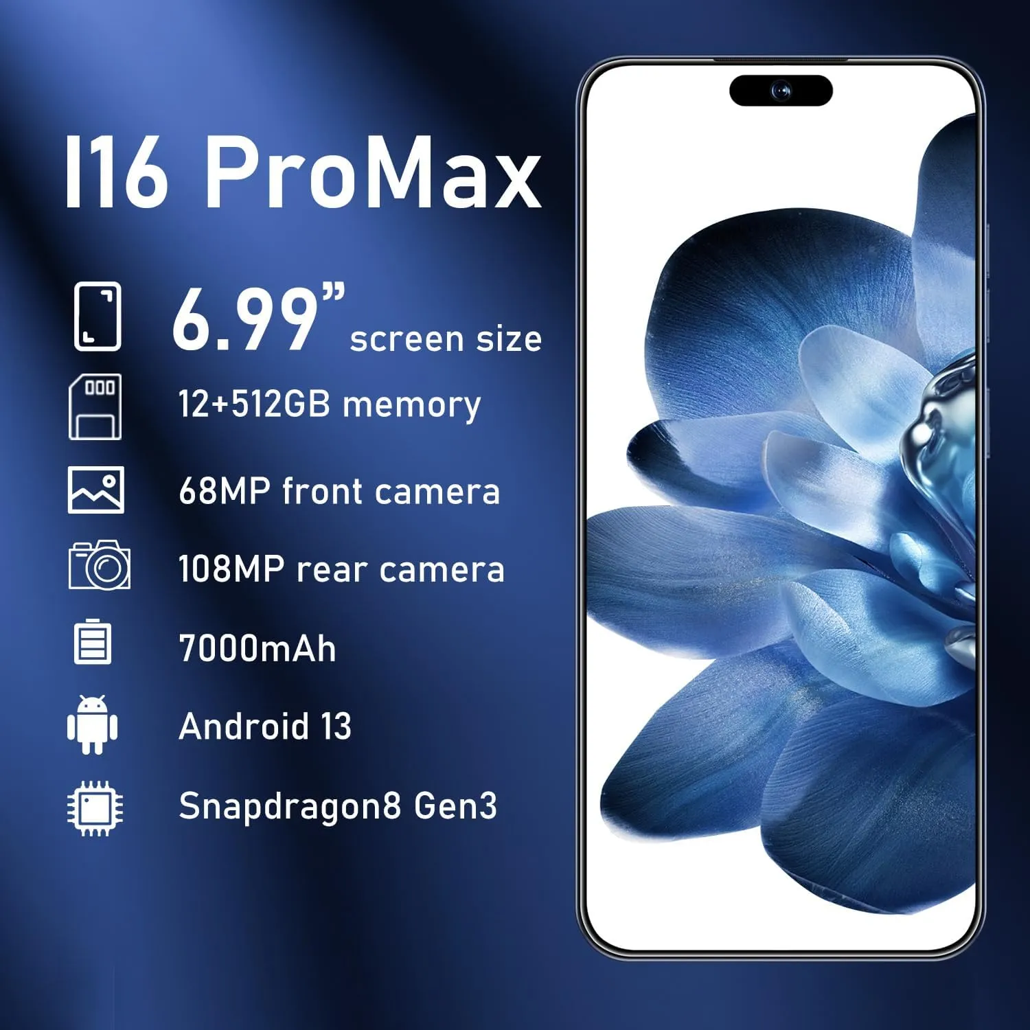 I16 ProMax Smartphone New Upgrade 12GB 512GB/6.99" Display 68 108MP Zoom Camera,Tempered Glass Finish, 7000mAh Android 14 Smartphone (Deep Blue)