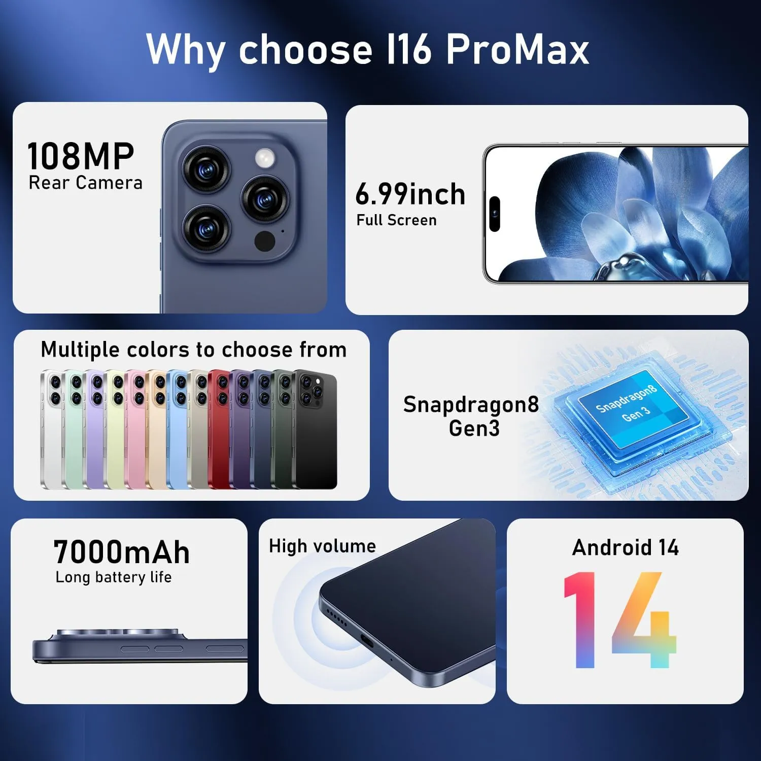 I16 ProMax Smartphone New Upgrade 12GB 512GB/6.99" Display 68 108MP Zoom Camera,Tempered Glass Finish, 7000mAh Android 14 Smartphone (Deep Blue)