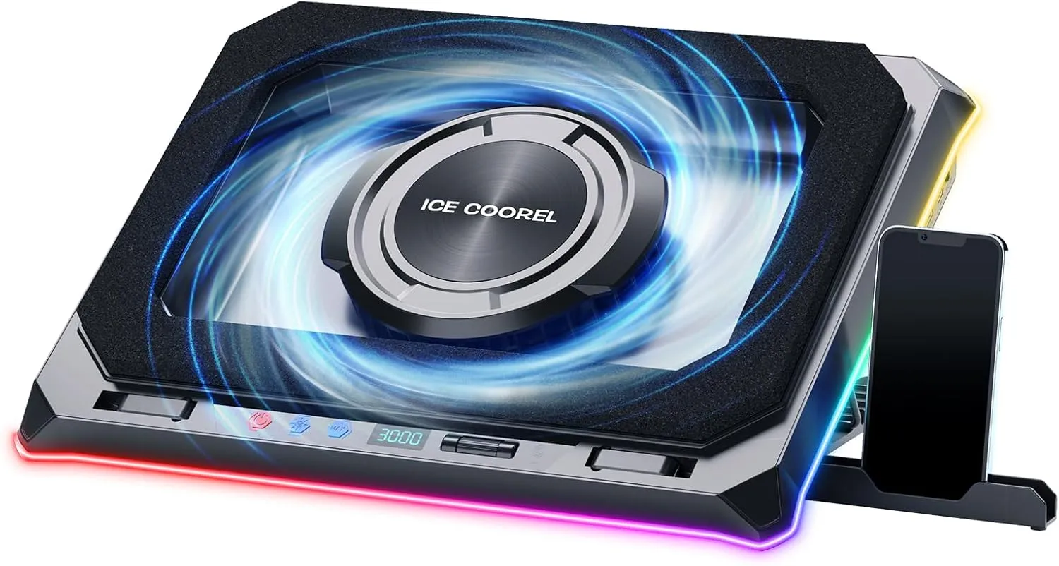 ICE COOREL Gaming Laptop Cooling Pad with Powerful Turbofan, RGB Laptop Cooler Stand with 8 Height Adjustable, Laptop Fan Cooling Pad for Laptop 15-21 Inches, Infinitely Variable Speed, LCD Screen