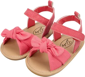 Infant Girls Open Toe Bowknot Shoes First Walkers Shoes Summer Toddler Flat Sandals Soft Sole Baby Shoes (Hot Pink, 12 Infant)