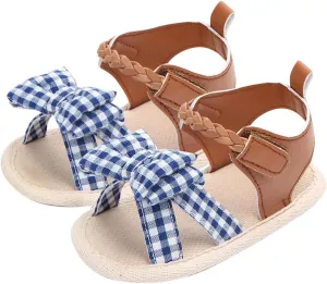 Infant Girls Open Toe Plaid Bowknot Shoes First Walkers Shoes Summer Toddler Flat Sandals Soccer Slippers