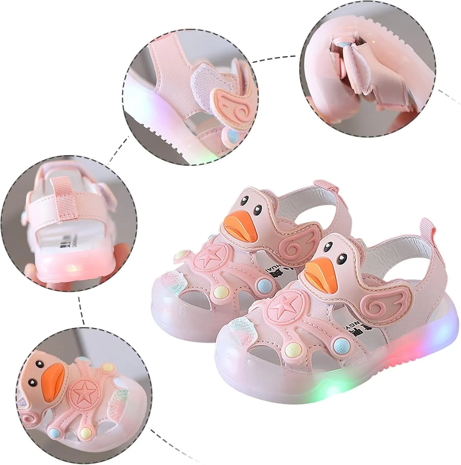 Infant Kids Light Up Cute LED Close Toe Sandals Toddler Baby Duck Summer Casual Shoes Soft Sole Non Slip Glitter Flats
