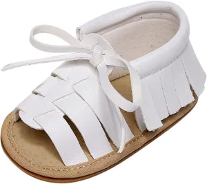 Infant Toddler Baby Girls Boys Shoes Sandals First Walkers Prewalkers Tassels Anti-Slip Soft Sole (White, 5 Toddler)