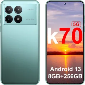 K70 5G Android Phones 2024 Android 13 Cell Phones 6.8" HD Screen 8GB 256GB 8-Core Android Phones 6200mAh Battery Standby 24MP 50MP Camera 5G Dual SIM Unlocked Smartphones(Green)