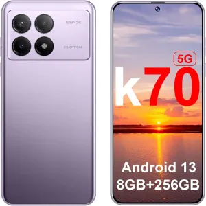 K70 5G Android Phones 2024 Android 13 Cell Phones 6.8" HD Screen 8GB 256GB 8-Core Android Phones 6200mAh Battery Standby 24MP 50MP Camera Dual SIM 5G Unlocked Smartphones(Purple)
