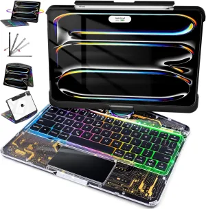 Keyboard Case for iPad Pro 11-inch (M4, 2024), Transparent Cyberpunk Shell, 360 Rotating Multi-Touch Trackpad, 7-Color Backlit Keyboard, Pencil Holder, Type-C Charging, Tech Circuit X