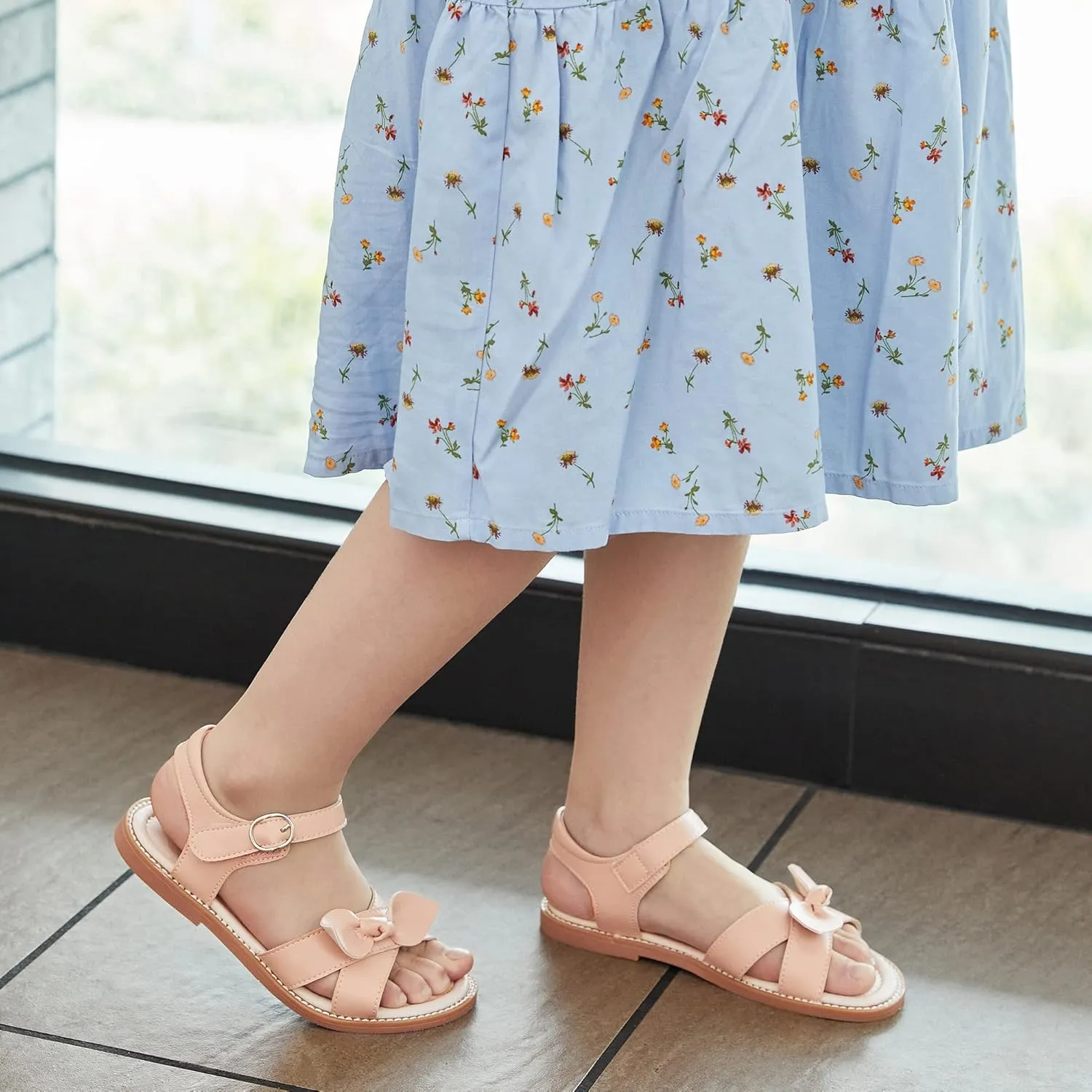 Kiderence Toddler Girls Pink Floral Sandals - Girls' Casual Flat Sandals with Ankle Strap