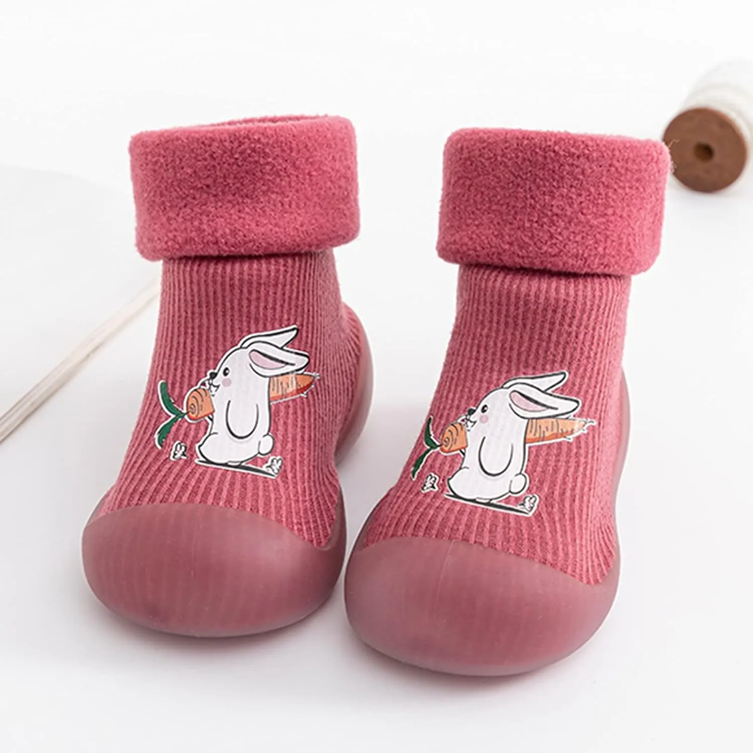 Kids Sole Baby Slipper Boys Stocking Girls Rubber Knit Warm Soft Solid Shoes Toddler Glitter Every Step (Red, 18-19)