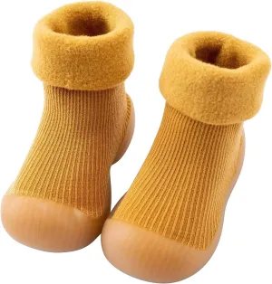 Kids Toddler Baby Boys Girls Solid Warm Knit Soft Sole Rubber Shoe Socks Slipper Stocking Soundproof (Yellow, 18)