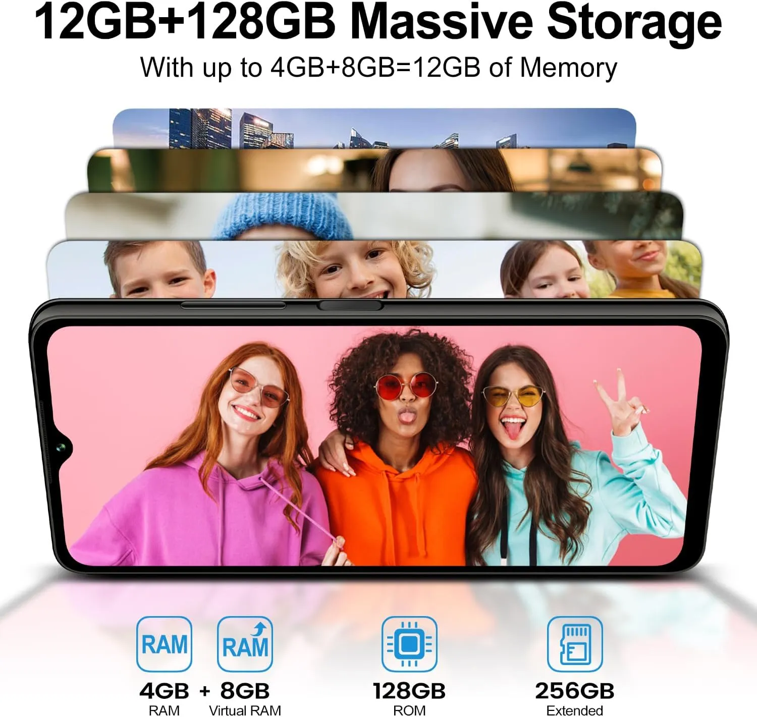 KXD A09 Unlocked Android Phones, Android12 Smartphones, 6.56" HD , 4000mAh, Octa-Core 12GB 128GB/SD 256GB Smart Phone, 13MP 5MP, 3 Card Slots, Face ID Unlock Phone, 4G Dual SIM Mobile Phone