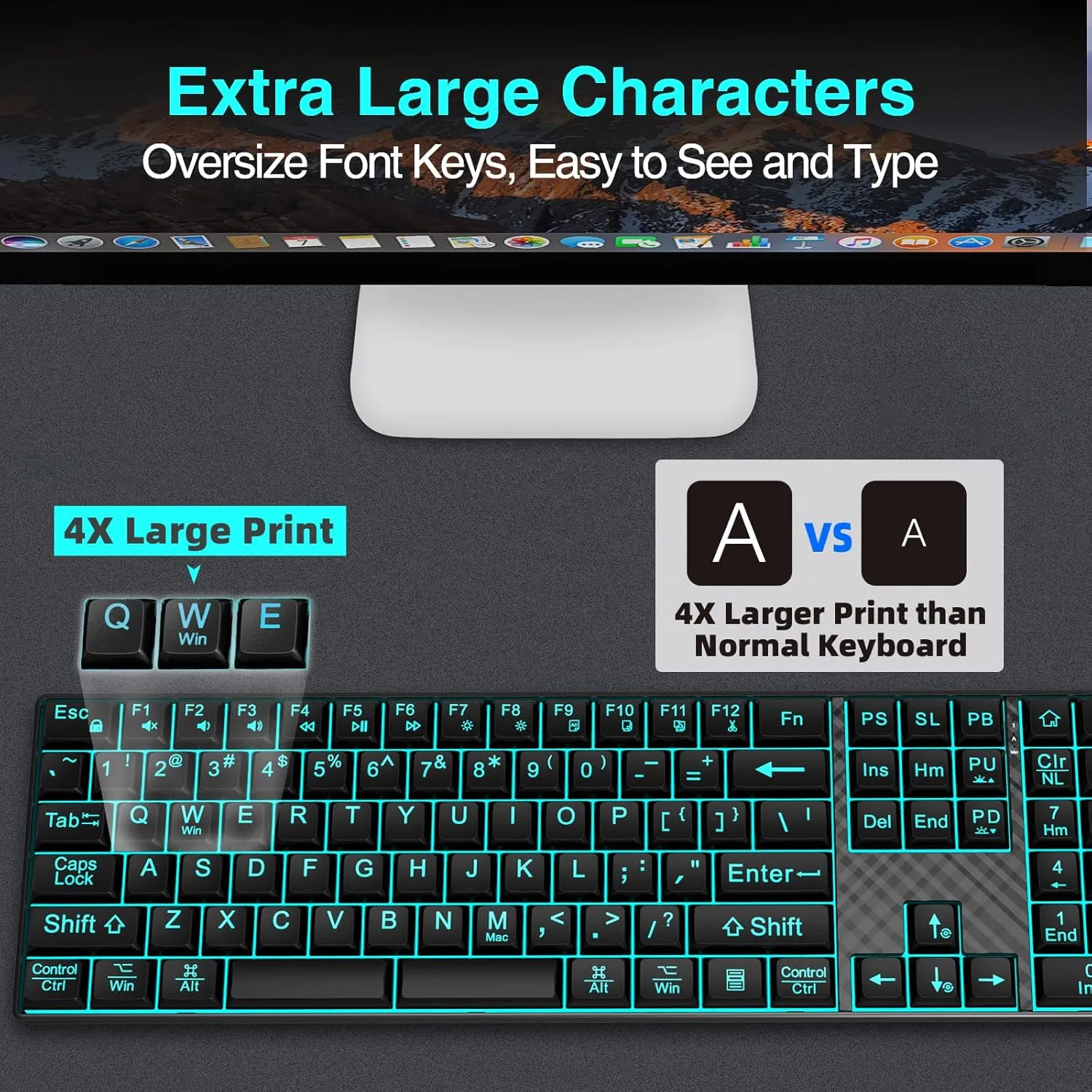 Large Print Backlit Keyboard, Quiet USB Wired Computer Keyboards, Full Size Keyboard with 7-Color & 6 Modes Backlit, Compatible for Windows/Mac, MacBook Pro/Air, Desktop, Laptop, PC, Gaming