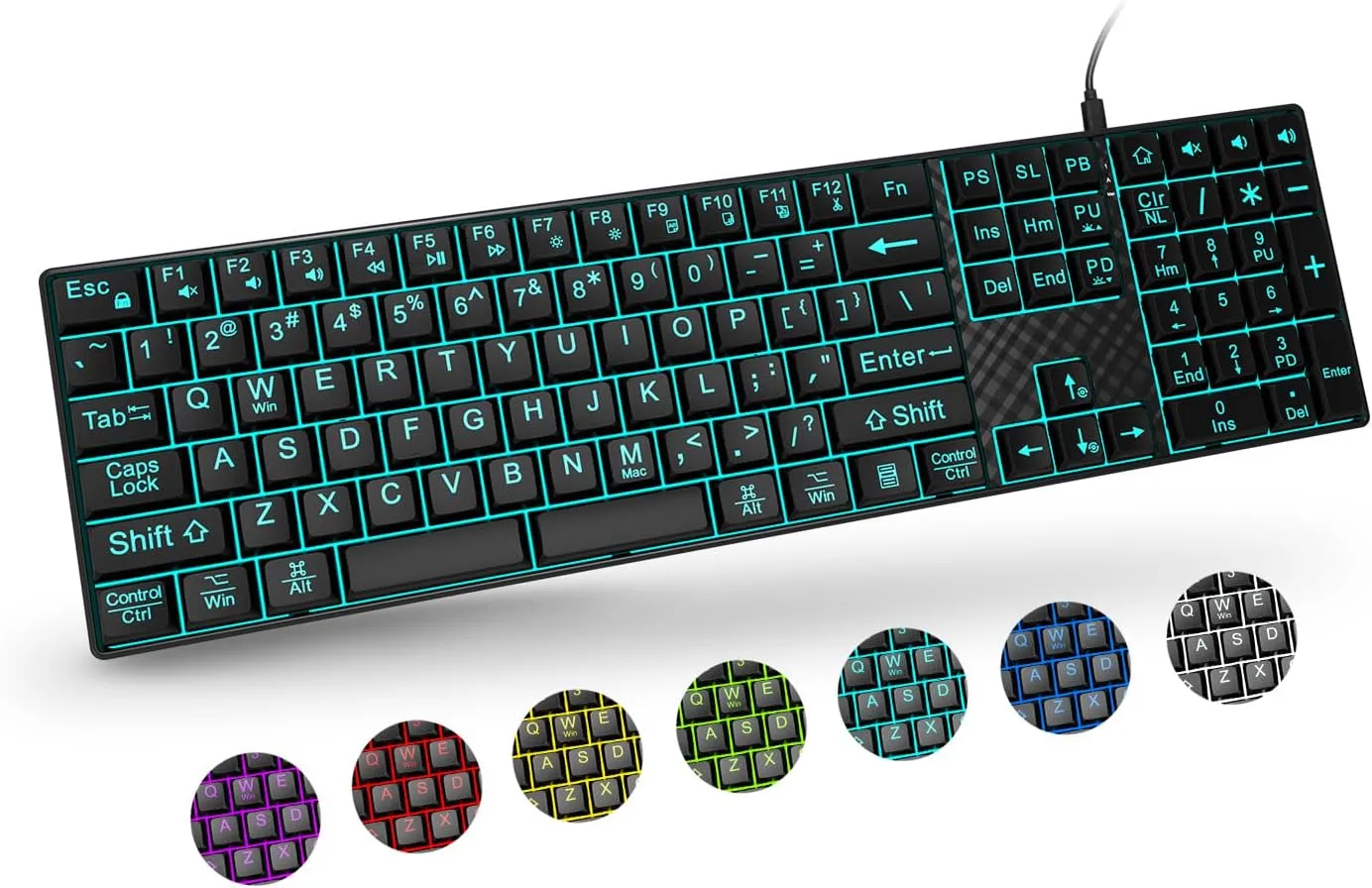 Large Print Backlit Keyboard, Quiet USB Wired Computer Keyboards, Full Size Keyboard with 7-Color & 6 Modes Backlit, Compatible for Windows/Mac, MacBook Pro/Air, Desktop, Laptop, PC, Gaming