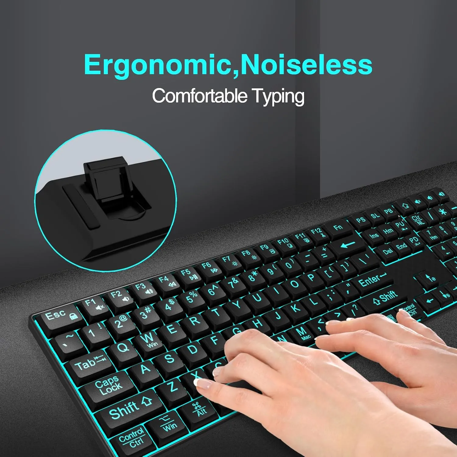 Large Print Backlit Keyboard, Quiet USB Wired Computer Keyboards, Full Size Keyboard with 7-Color & 6 Modes Backlit, Compatible for Windows/Mac, MacBook Pro/Air, Desktop, Laptop, PC, Gaming
