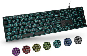 Large Print Backlit Keyboard, Quiet USB Wired Computer Keyboards, Full Size Keyboard with 7-Color & 6 Modes Backlit, Compatible for Windows/Mac, MacBook Pro/Air, Desktop, Laptop, PC, Gaming