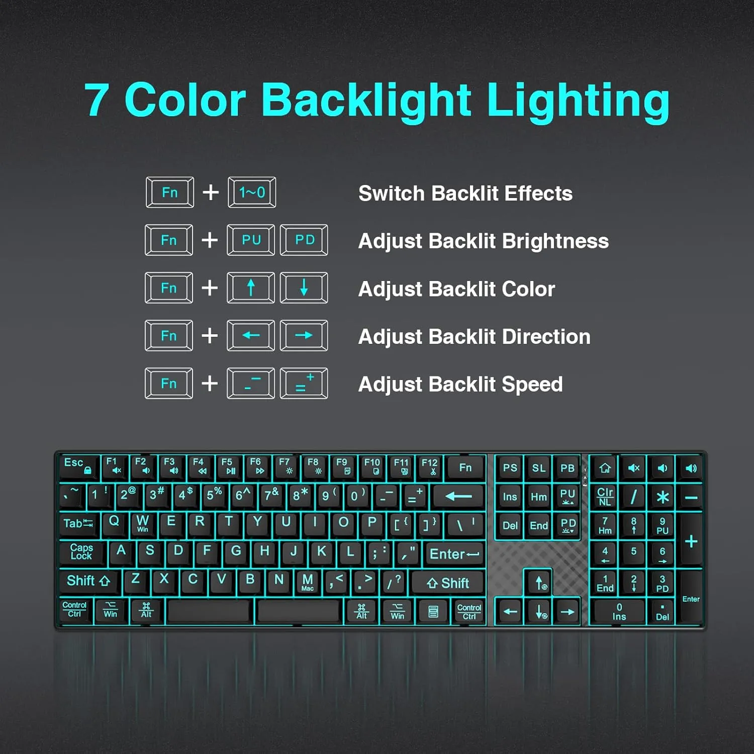 Large Print Backlit Keyboard, Quiet USB Wired Computer Keyboards, Full Size Keyboard with 7-Color & 6 Modes Backlit, Compatible for Windows/Mac, MacBook Pro/Air, Desktop, Laptop, PC, Gaming