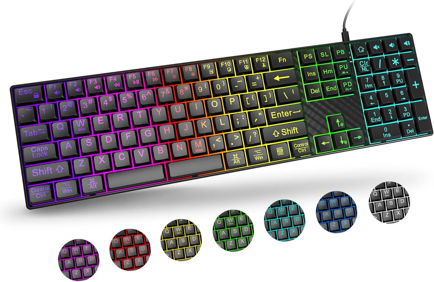 Large Print Backlit Keyboard, Quiet USB Wired Computer Keyboards, Full Size Keyboard with 7-Color & 6 Modes Backlit,Compatible for Windows/Mac, MacBook Pro/Air, Desktop, Laptop, PC, Gaming