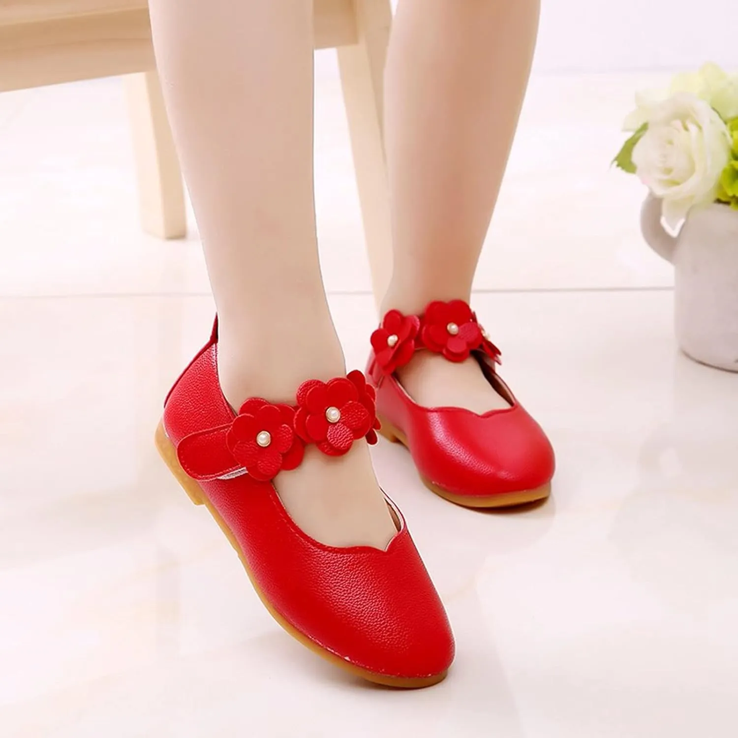 Little Girls Dress Shoes Closed Toe Wedding Party School Ankle Strap Ballet Flats Shoes Big Kids Flower Girl Shoes