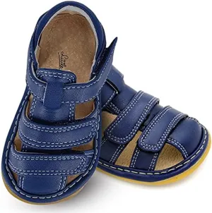 Little Mae's Boutique Closed Toe Squeaky Sandals for Toddler Boys, Ideal Toddler Walking Shoes with Removable Squeaker and Adjustable Velcro Strap - Flexible Sole Baby Shoes