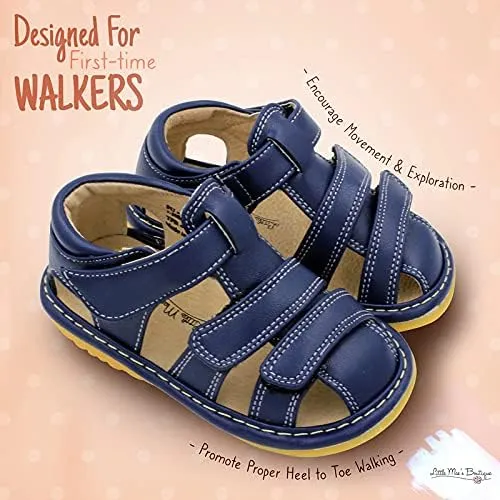 Little Mae's Boutique Closed Toe Squeaky Sandals for Toddler Boys, Ideal Toddler Walking Shoes with Removable Squeaker and Adjustable Velcro Strap - Flexible Sole Baby Shoes