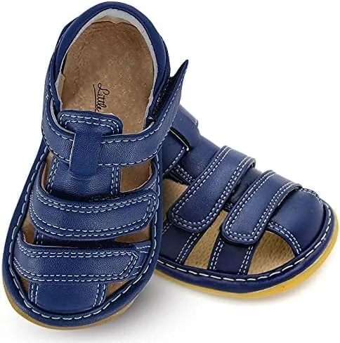 Little Mae's Boutique Closed Toe Squeaky Sandals for Toddler Boys, Ideal Toddler Walking Shoes with Removable Squeaker and Adjustable Velcro Strap - Flexible Sole Baby Shoes