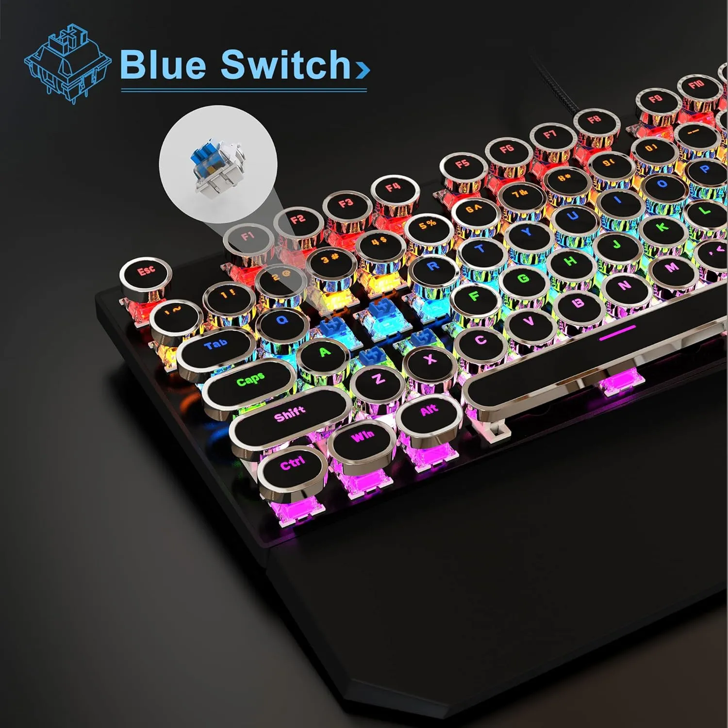 MageGee Typewriter Mechanical Gaming Keyboard, Retro Punk Round Keycaps with RGB Rainbow Backlit USB Wired Keyboards for Game and Office, for Windows Laptop PC Mac - Blue Switches/Black