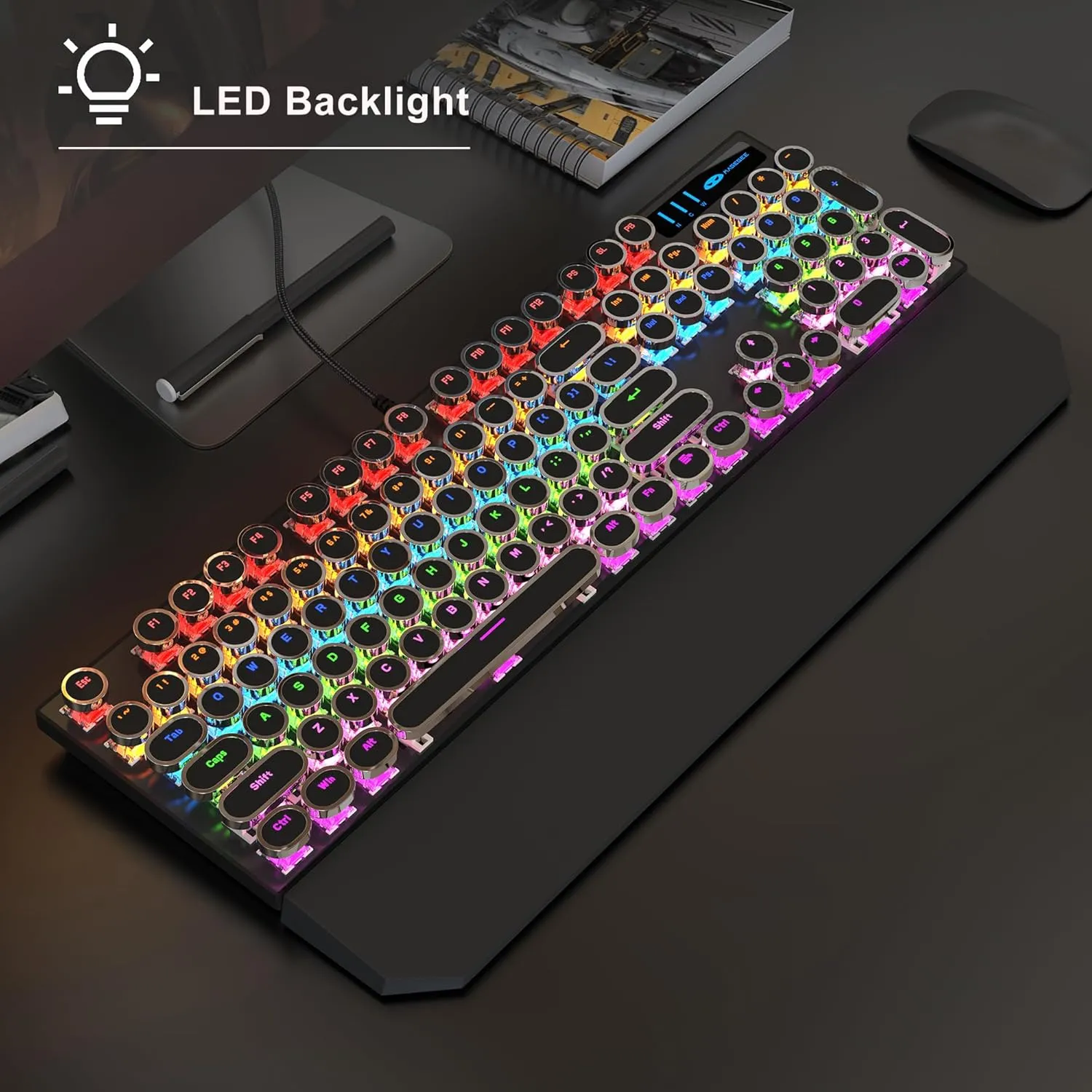 MageGee Typewriter Mechanical Gaming Keyboard, Retro Punk Round Keycaps with RGB Rainbow Backlit USB Wired Keyboards for Game and Office, for Windows Laptop PC Mac - Blue Switches/Black