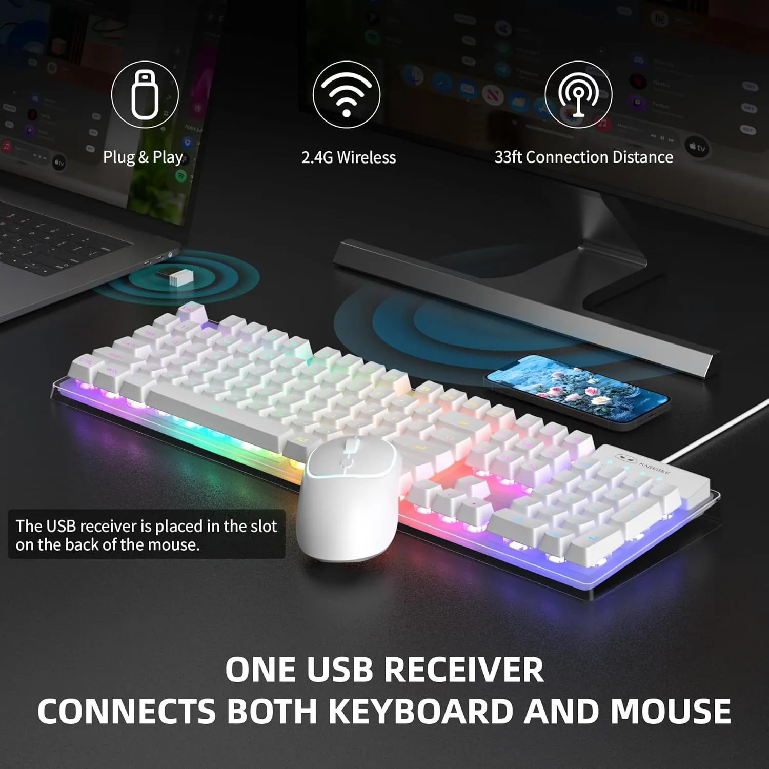 MageGee V550 Wireless Gaming Keyboard and Mouse, 2.4G Full-Sized RGB LED Computer Keyboards with Transparent Shell, Rechargeable Quiet Cordless Mouse & Keyboard Combo for Laptop/PC/Desktop (White)