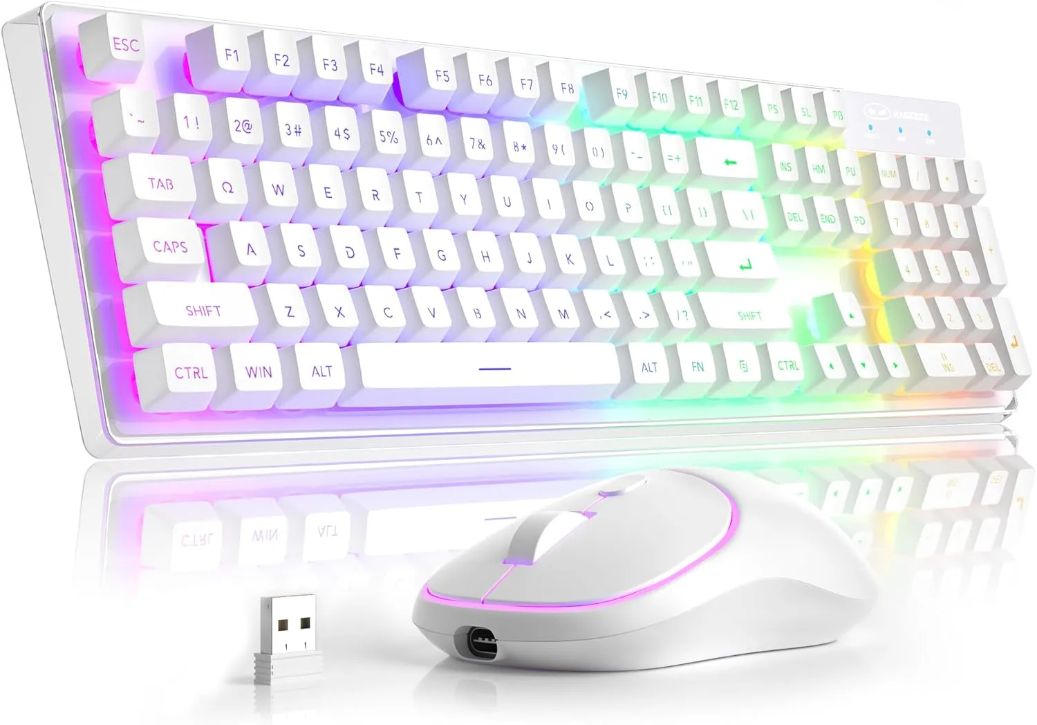 MageGee V550 Wireless Gaming Keyboard and Mouse, 2.4G Full-Sized RGB LED Computer Keyboards with Transparent Shell, Rechargeable Quiet Cordless Mouse & Keyboard Combo for Laptop/PC/Desktop (White)