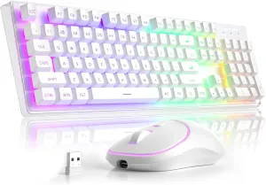 MageGee V550 Wireless Gaming Keyboard and Mouse, 2.4G Full-Sized RGB LED Computer Keyboards with Transparent Shell, Rechargeable Quiet Cordless Mouse & Keyboard Combo for Laptop/PC/Desktop (White)