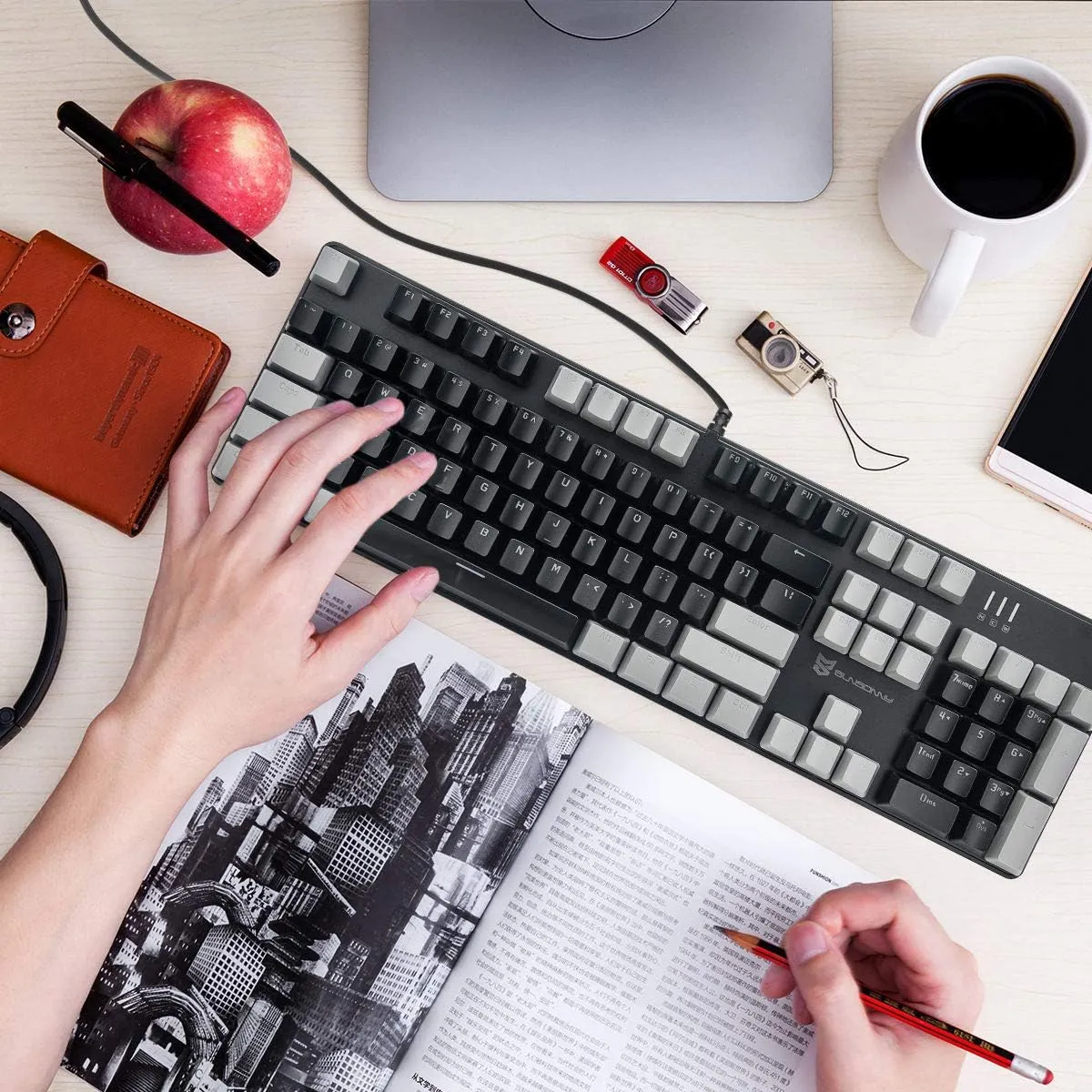 Mechanical Keyboard - Black Switch, Black & Grey Color, White Backlit, Hot Swappable, Wired, 104 Keys US Layout PC Gaming Keyboard