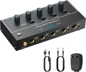 Mini Audio Mixer, 4 Channel Stereo Line Mixer 1/4" & 1/8" TSR Audio Output Input Jack, Line Mixer Stereo/Mono Independent Control and Switch for Guitars,Bass,Keyboards, Dynamic Microphone