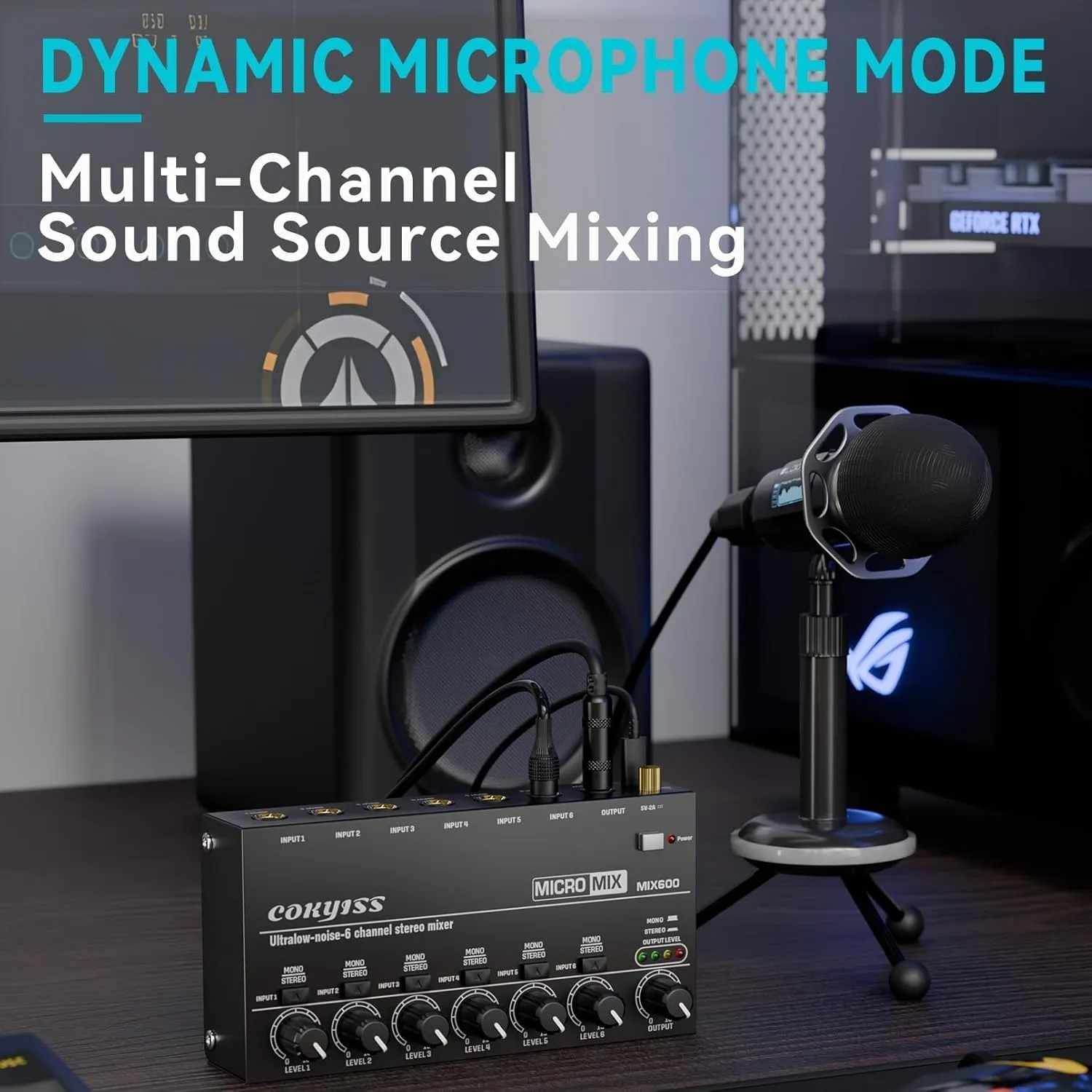 Mini Audio Mixer, 6-Channel Microphone Mixer, Stereo Line Mixer for Sub-Mixing, Built-in grounding, Mono/Stereo Switching, 1/4" Input/Output, for Guitar, Bass, Keyboards Mixer, Metal, Black