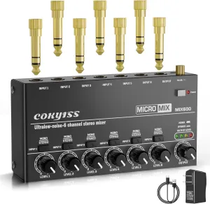Mini Audio Mixer, 6-Channel Microphone Mixer, Stereo Line Mixer for Sub-Mixing, Built-in grounding, Mono/Stereo Switching, 1/4" Input/Output, for Guitar, Bass, Keyboards Mixer, Metal, Black