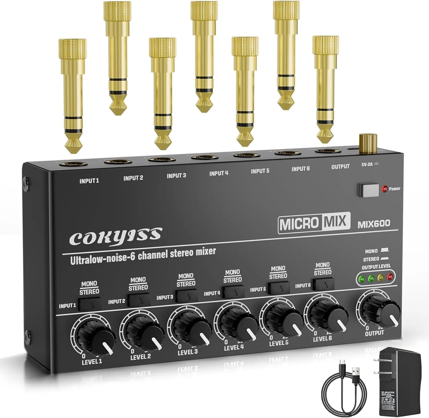 Mini Audio Mixer, 6-Channel Microphone Mixer, Stereo Line Mixer for Sub-Mixing, Built-in grounding, Mono/Stereo Switching, 1/4" Input/Output, for Guitar, Bass, Keyboards Mixer, Metal, Black