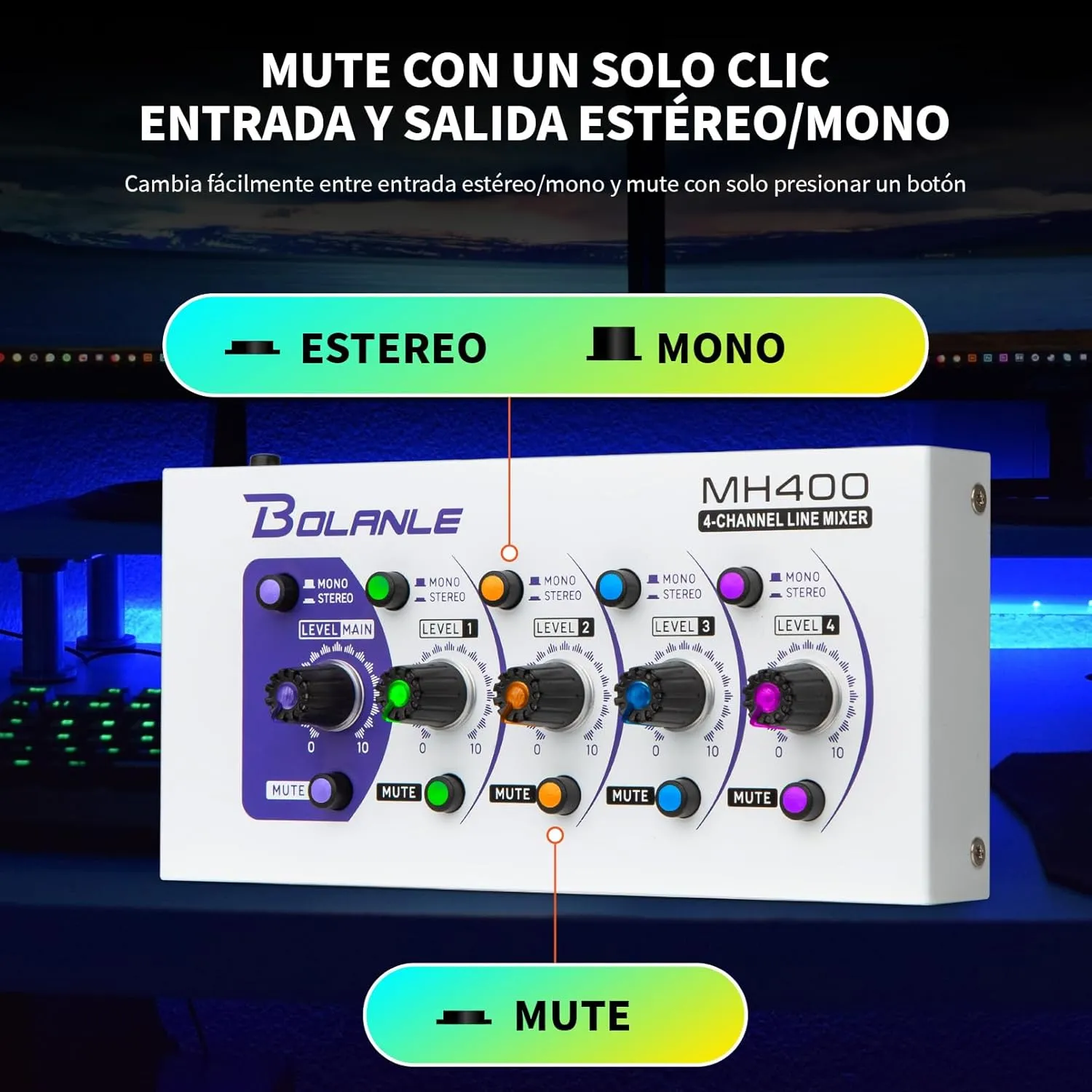Mini Audio Mixer,Stereo Line Mixer for Sub-Mixing,Ultra Low-Noise,4-Channel,Microphone Independent Control, 1/4" & 1/8" TRS Output and Input, for Guitars,Bass,Keyboards (MH400)