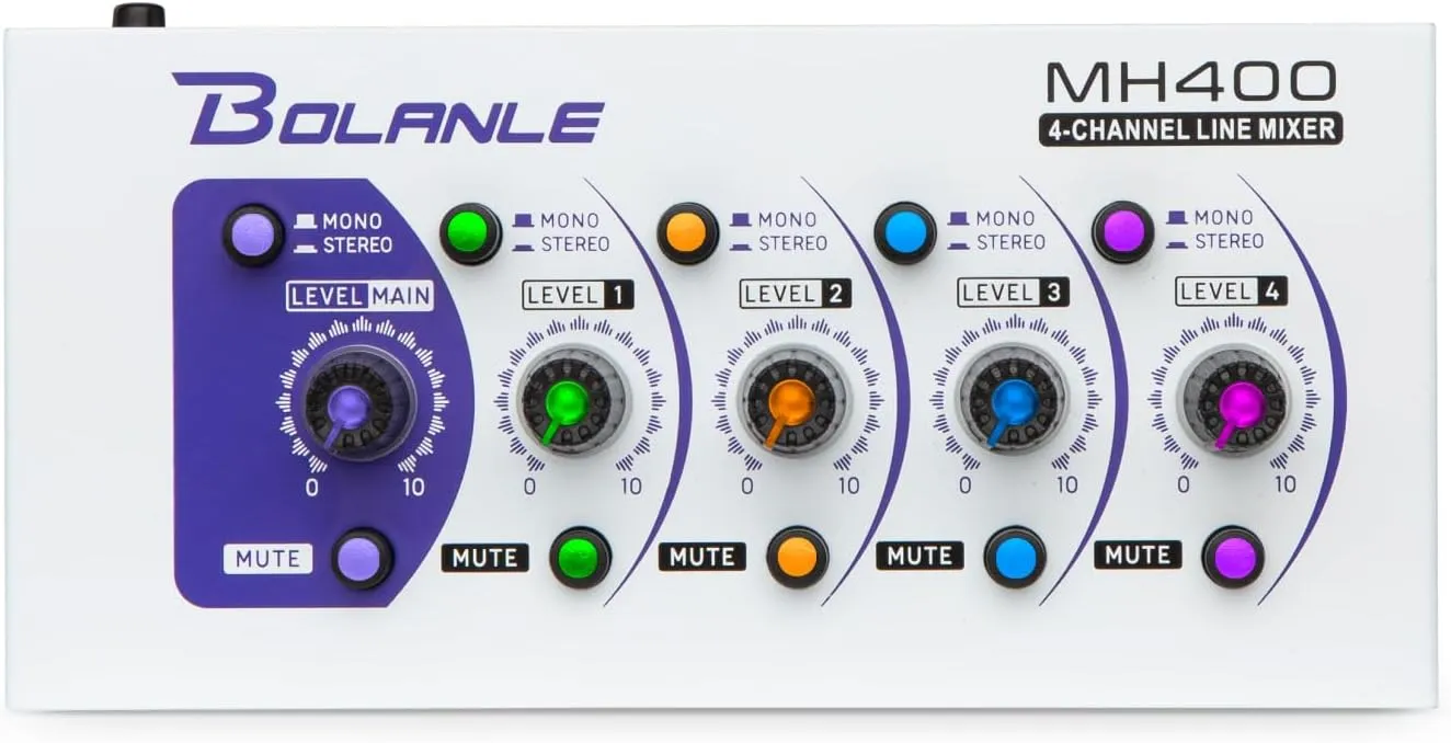 Mini Audio Mixer,Stereo Line Mixer for Sub-Mixing,Ultra Low-Noise,4-Channel,Microphone Independent Control, 1/4" & 1/8" TRS Output and Input, for Guitars,Bass,Keyboards (MH400)