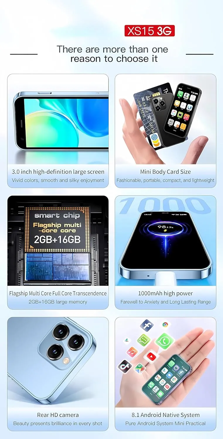 Mini Smartphone 3G Small Cellphone Unlocked Phones Mini Phone Android Phones 3.0 Touch Screen Mobile Phone Android 8.1 Dual sim XS15 2GB Ram 16GB ROM Cell Phones (Blue)