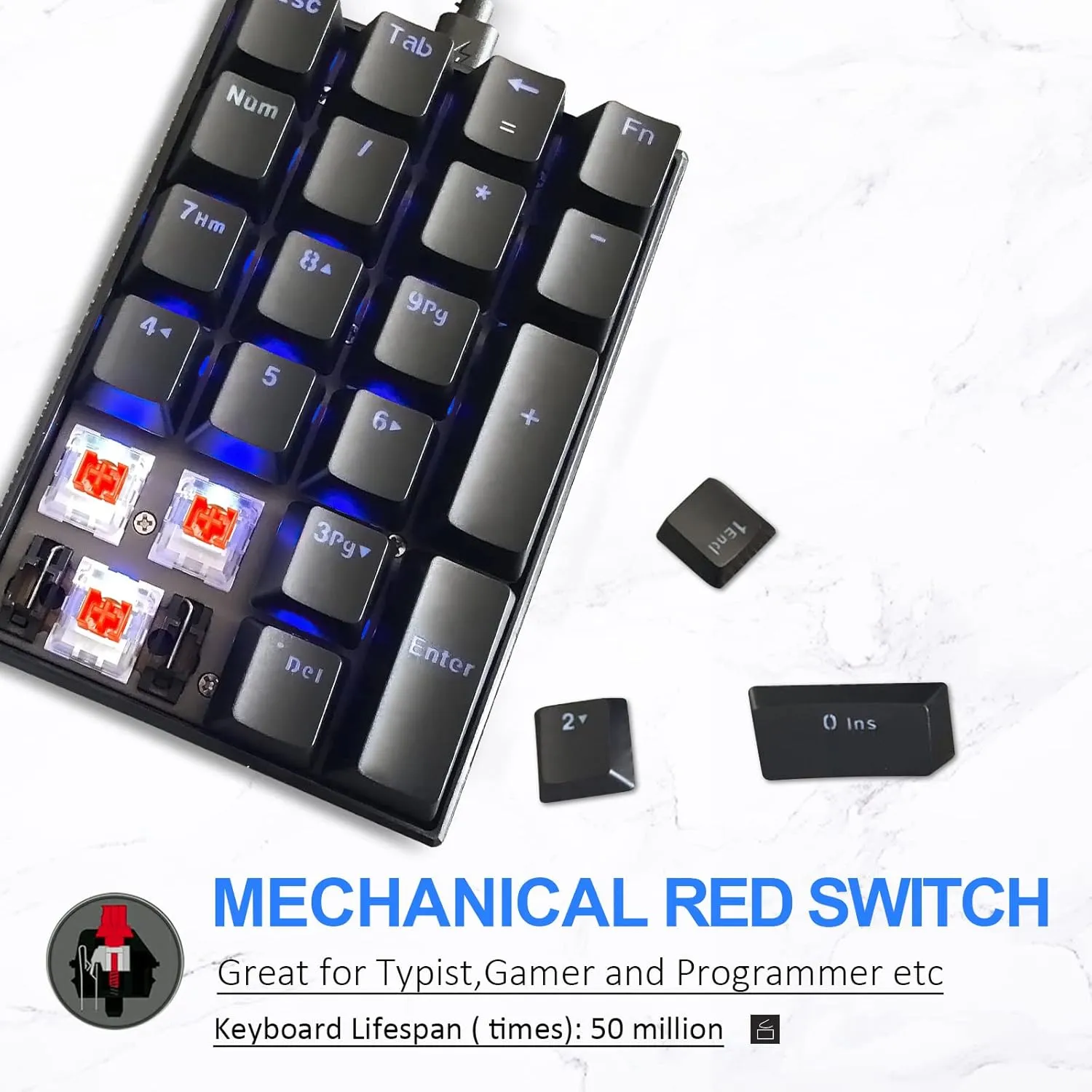 MOTOSPEED K23 Mechanical Numeric Keypad Red Switch Wired 21 Keys Mini Numpad Portable Keypad Backlight Gaming Keypad Extended Layout for Cashier